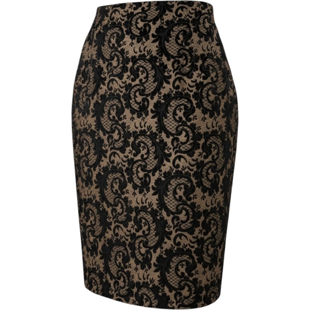 Worthington Womens Gold Black Brocade Damask Pencil Skirt Size 12 New Preppy